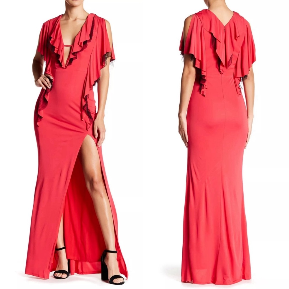 $690 ABS ALLEN SCHWARTZ Matte Jersey Draped Ruffle Gown Holiday Party